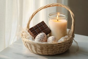 woven basket holding a lit candle, a bar of chocolate, and two speckled eggs on a light surface near a sheer curtain, evoking a calm and cozy atmosphere