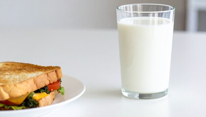 Toasted Cheese and Vegetable Sandwich with Classic Glass of Cold Milk &ndash; Nostalgic Comfort Food on Bright Kitchen Table