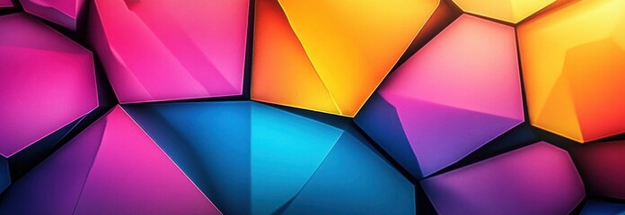 Vibrant multicolored geometric shapes with smooth gradients forming an abstract mosaic pattern with bright pink, purple, yellow, and blue hues