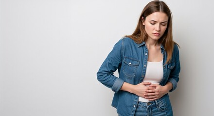Young woman experiencing stomach pain while standing indoors  