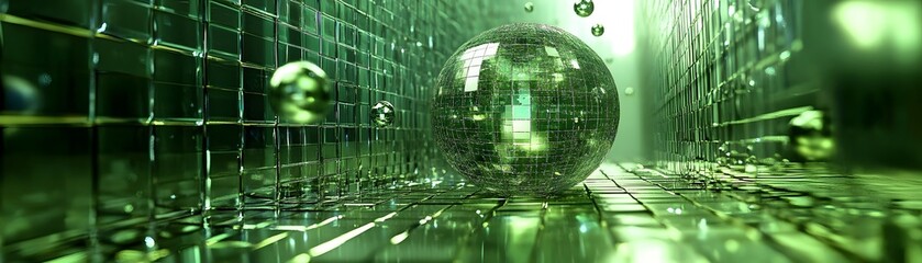 Reflective disco ball in a green gridded hallway.