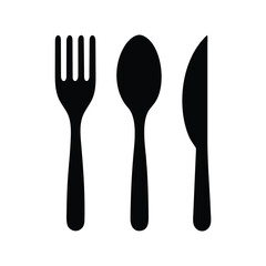 Simple black silhouette of a fork, spoon, and knife.