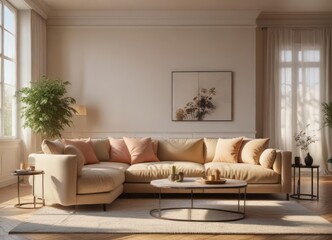 Sunlit living room, plush sofa, elegant decor, window, bright