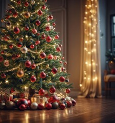 Ornate Christmas tree, vibrant baubles, soft focus fairy lights ,  blur,  holiday