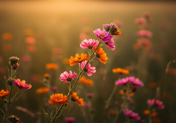 Sunrise Wildflowers Pink Orange Bloom Field Nature Photography isolated on transparent background