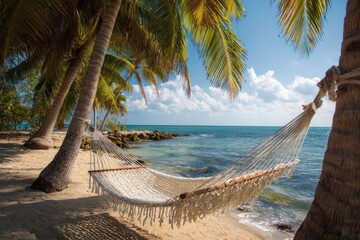Hammock tied between two palm trees, gently swaying as the ocean breeze brings calm and serenity.