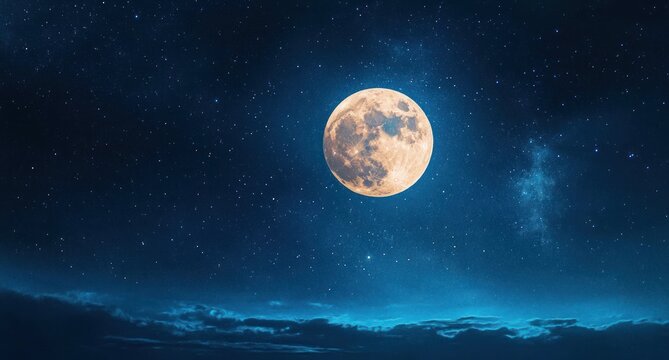 Bright full moon shining in a clear starry night sky above dark clouds