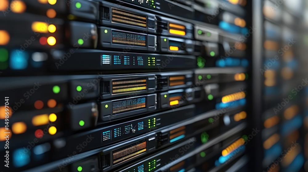 Poster close-up of server rack units with illuminated components