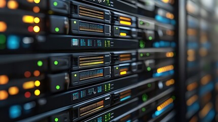 Close-up of server rack units with illuminated components