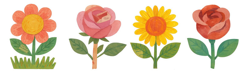 PNG Colorful hand-drawn floral illustration, element set on transparent background