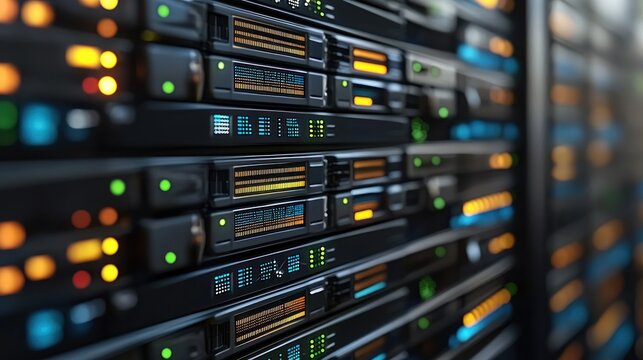 Close-up of server rack units with illuminated components