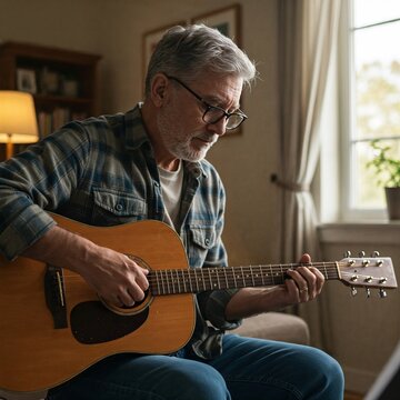 Elderly man playing acoustic guitar while sitting in cozy living room  