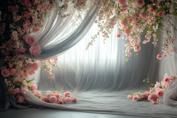 Maternity backdrop, wedding backdrop, photography background with delicate flowers and blue courtains