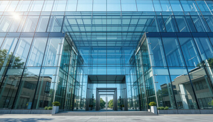 Modern Glass Building with City Skyline Sunset View	
