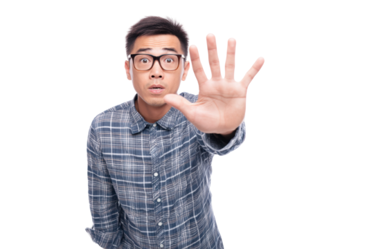 Asian young male gesturing stop with hand in plaid shirt and glasses, cut out