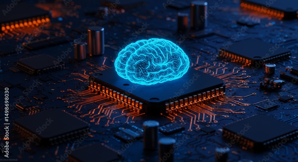Poster glowing brain on central processing unit surrounded by electronic components and integrated circuits
