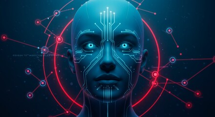 Abstract Ai Face with Glowing Blue Skin Red Network Connections and Electronic Circuits on Dark Background Digital Art