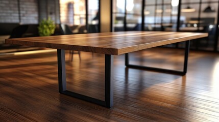 Long wooden dining table with black metal legs in office setting