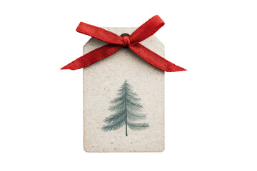 Festive gift tag with red bow and pine tree design on kraft paper, cut out
