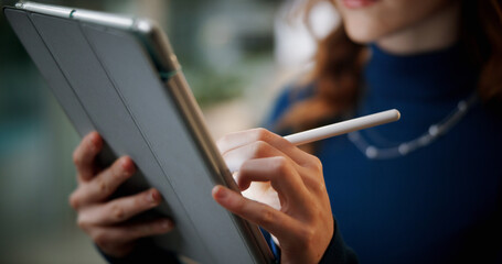 Business woman, hands and writing on tablet in office for funding request approval, contract...
