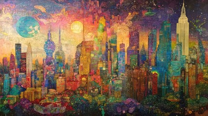Naklejka premium Surreal Cityscape at Sunset: A Vibrant Tapestry of Urban Dreams
