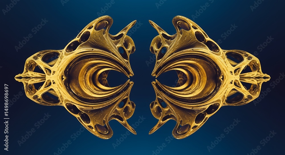 Poster symmetrical golden fractal digital art on dark blue background intricate geometric pattern digital c