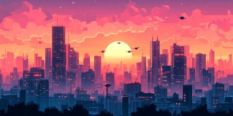 Fototapeta premium Illustration of a futuristic cityscape with towering buildings and flying cars under a pink sky, Generative AI