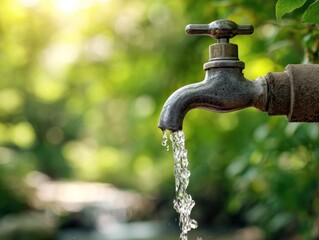Water flowing from a faucet in nature