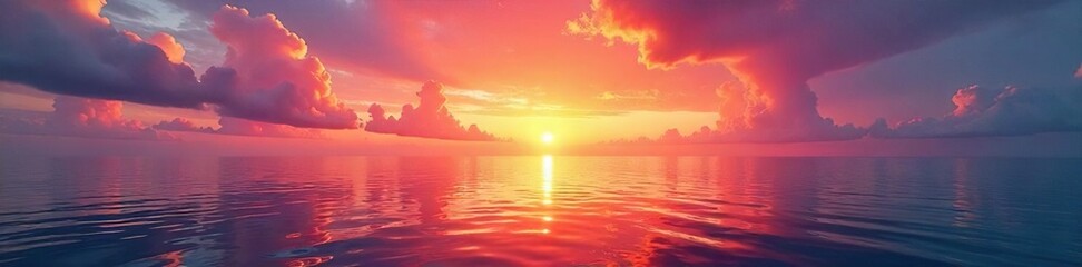 Spectacular sunrise paints the sky with vibrant oranges and pinks, reflecting brilliantly on the calm ocean surface A breathtaking display of natural beauty at dawn , reflection, tranquil