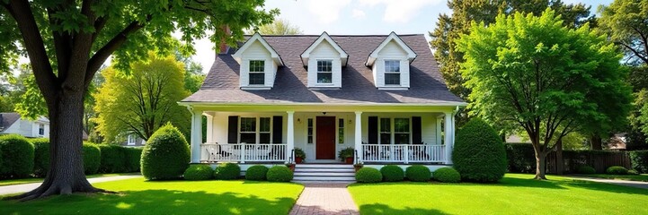 A charming suburban home with a well-manicured lawn, mature trees, and a welcoming porch  Perfect for real estate, family, and home-related projects , trees, doors, classic home