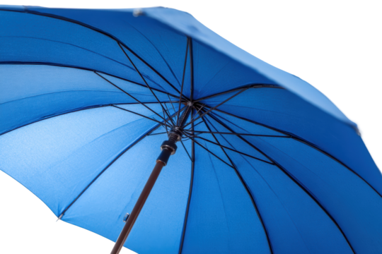 Open blue umbrella with wooden handle and metal spokes on white background, cut out