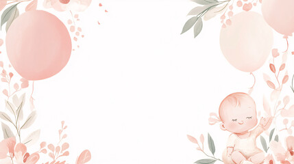 Baby Shower Watercolor Background with Balloons and Baby Illustration