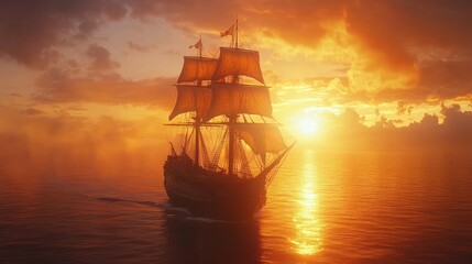Obraz premium Historic ship sailing at sunset