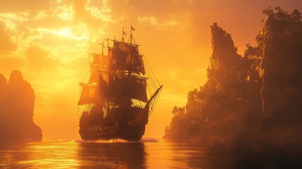 Obraz premium Golden hour, sailing ship. Silhouette of a majestic vessel against a vibrant sunset