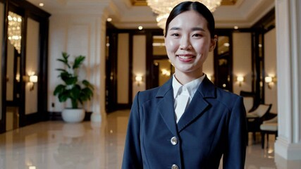 Young elegant hotel receptionist smiling and welcoming guests
