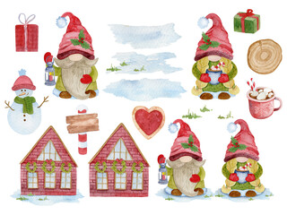 Watercolor Christmas Gnomes Illustration Set.Hand Painted Holiday Gnomes in Watercolor Style.