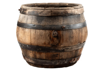 Obraz premium Rustic wooden barrel with iron bands isolated on black background, cut out