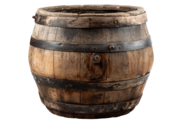 Rustic wooden barrel with iron bands isolated on black background, cut out