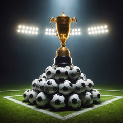 gold trophy standing on top of a stack of soccer balls, success concept