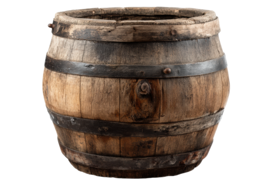 Rustic wooden barrel with iron bands isolated on black background, cut out