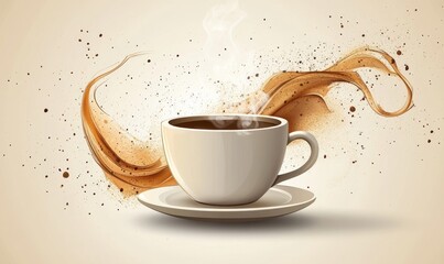 Vector design of a hot cup of coffee with steam forming artistic swirls above it, Generative AI