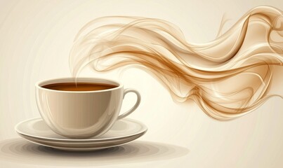 Vector design of a hot cup of coffee with steam forming artistic swirls above it, Generative AI