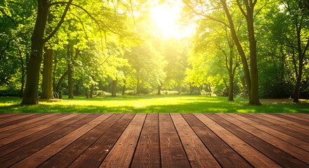 Serene forest scene blending nature's tranquility with rustic wooden platform