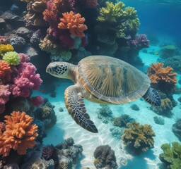 Striking green sea turtle amidst colorful coral, clear blue water, sea turtle,  fauna