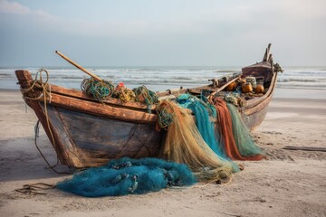A wooden boat rests by the beach, fishing nets scattered over it in the warm sunlight.