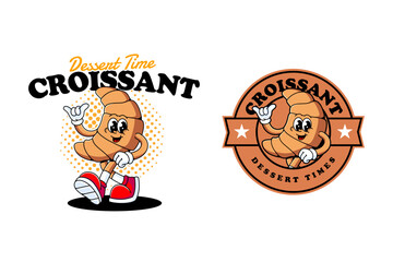 croissant tasty dessert retro cartoon character mascot illustration with walking and peace hand for restaurant, cafes, eatery, cafeteria, pastry, bakery mascots and merchandise