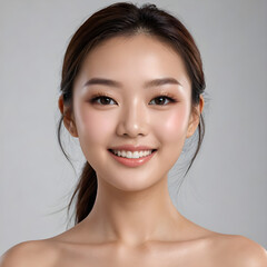 image has a smooth, clear complexion with a subtle, natural makeup look. They have a ponytail hairstyle and are wearing a light, 