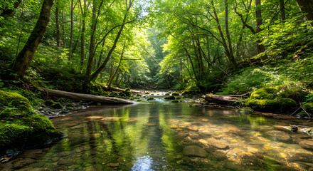 Obraz premium Tranquil stream flowing through lush green forest with sunlight filtering
