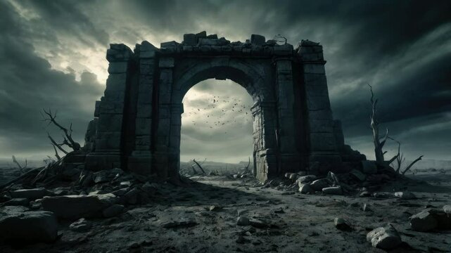 Moody and atmospheric shot of ancient ruins in a barren, lifeless landscape.