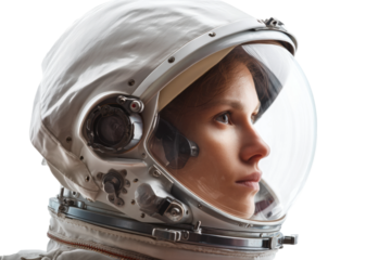 Focused young caucasian female astronaut in space helmet, gazing forward, cut out